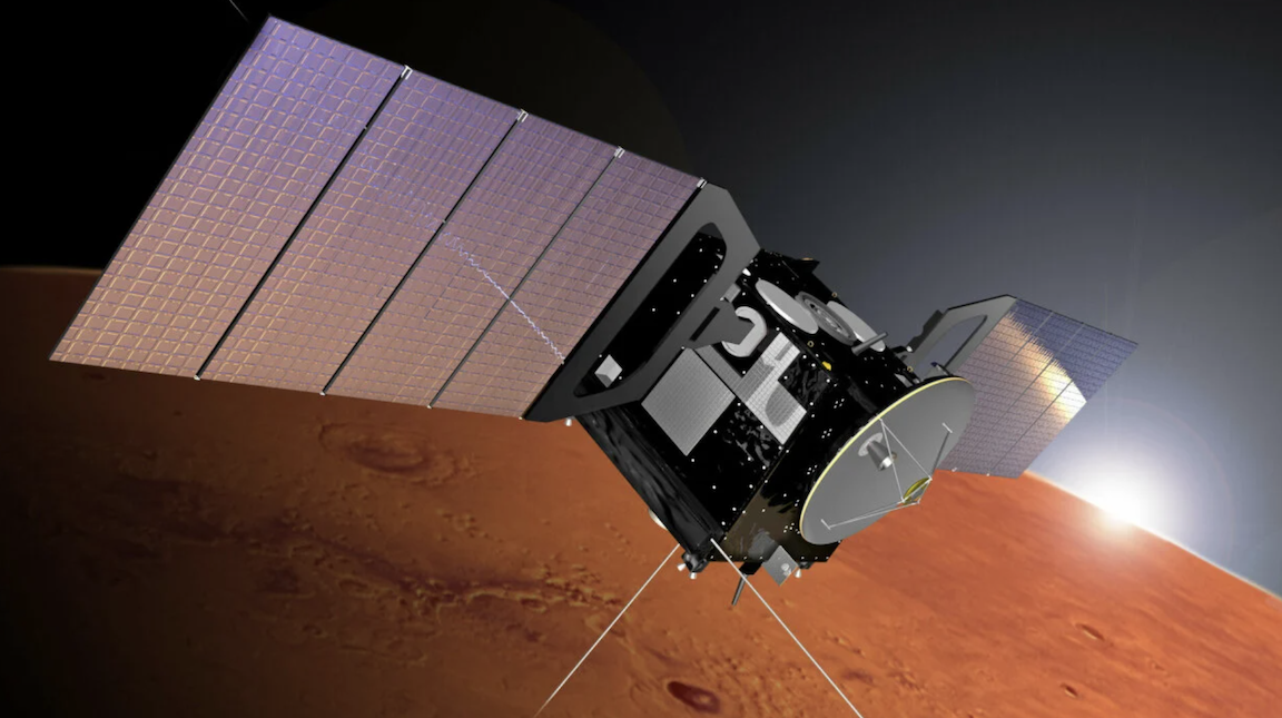 An artist's conception of the European Space Agency's Mars Express orbiter flying above Mars.