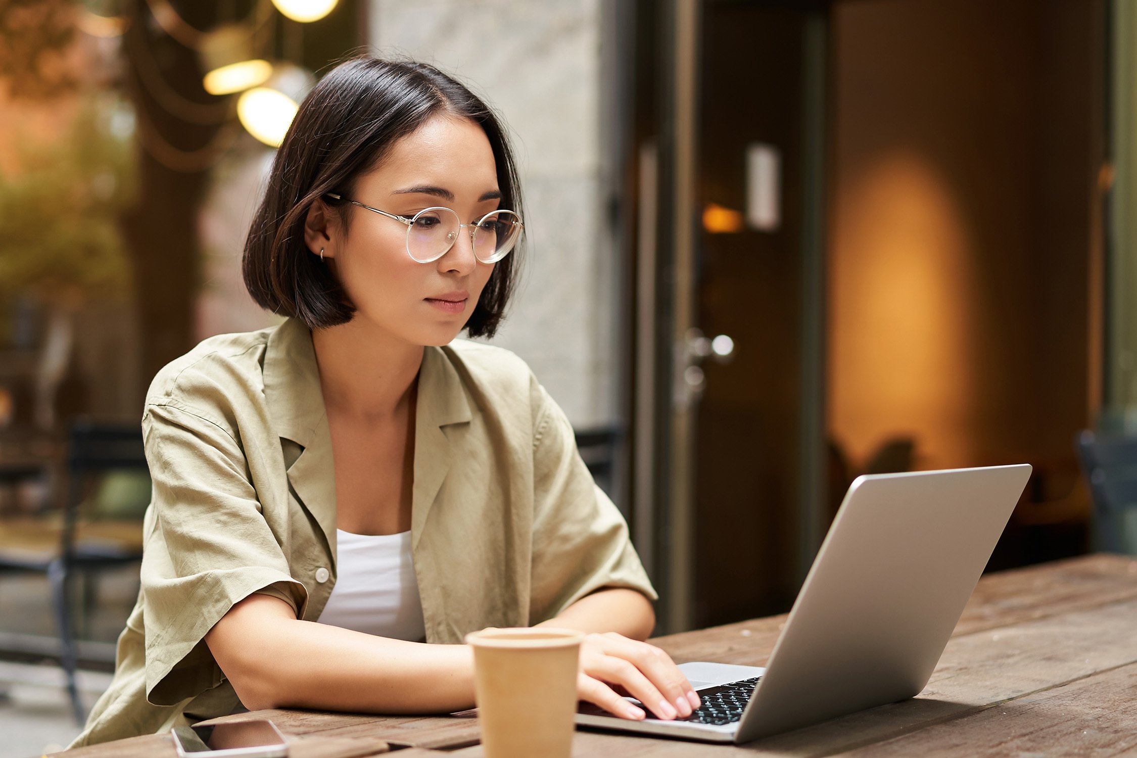 Woman working on computer.