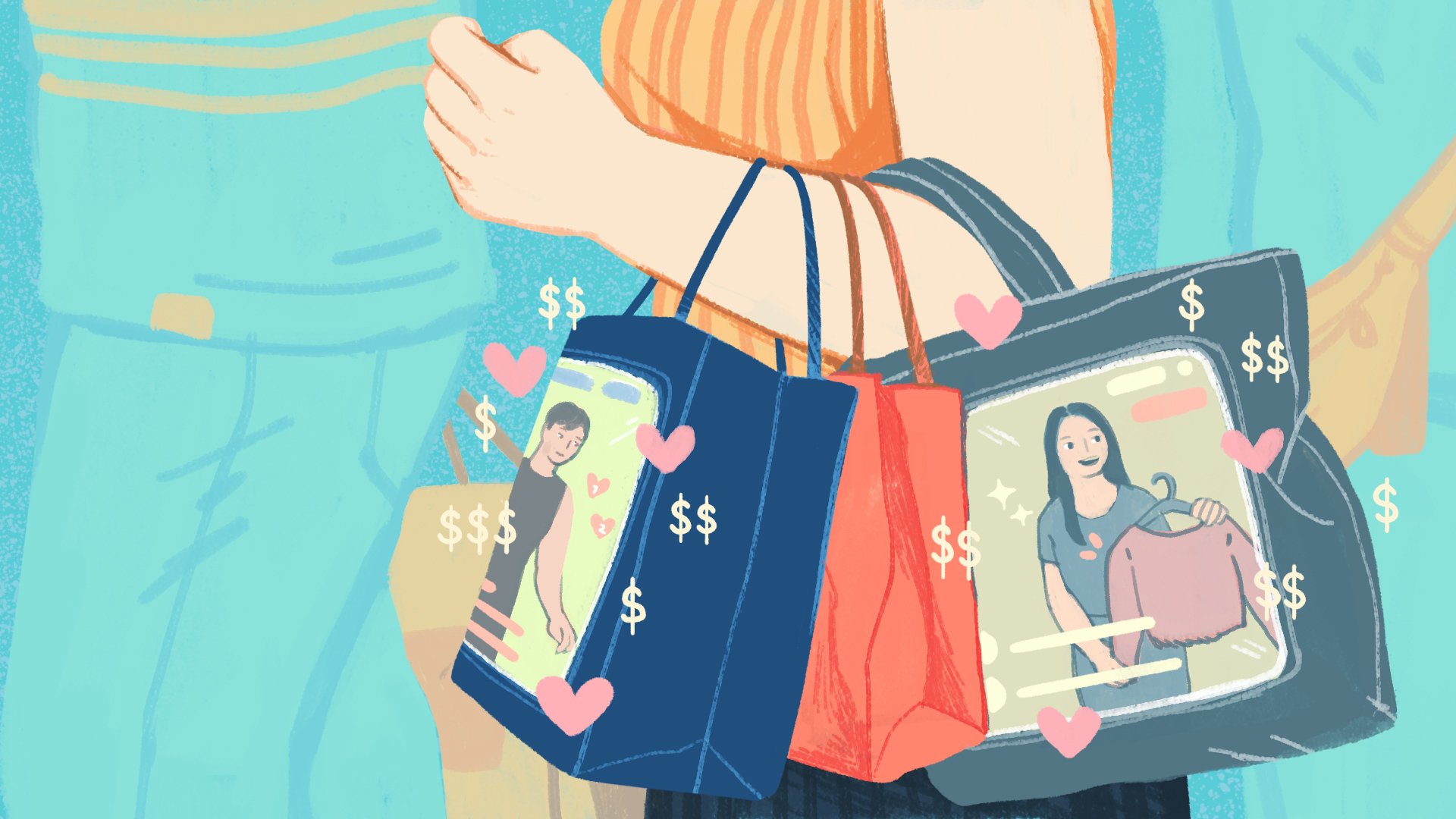 Illustration of a person's arm holding shopping bags, each of which has an image of a teleshopping salesperson holding up items for sale. 