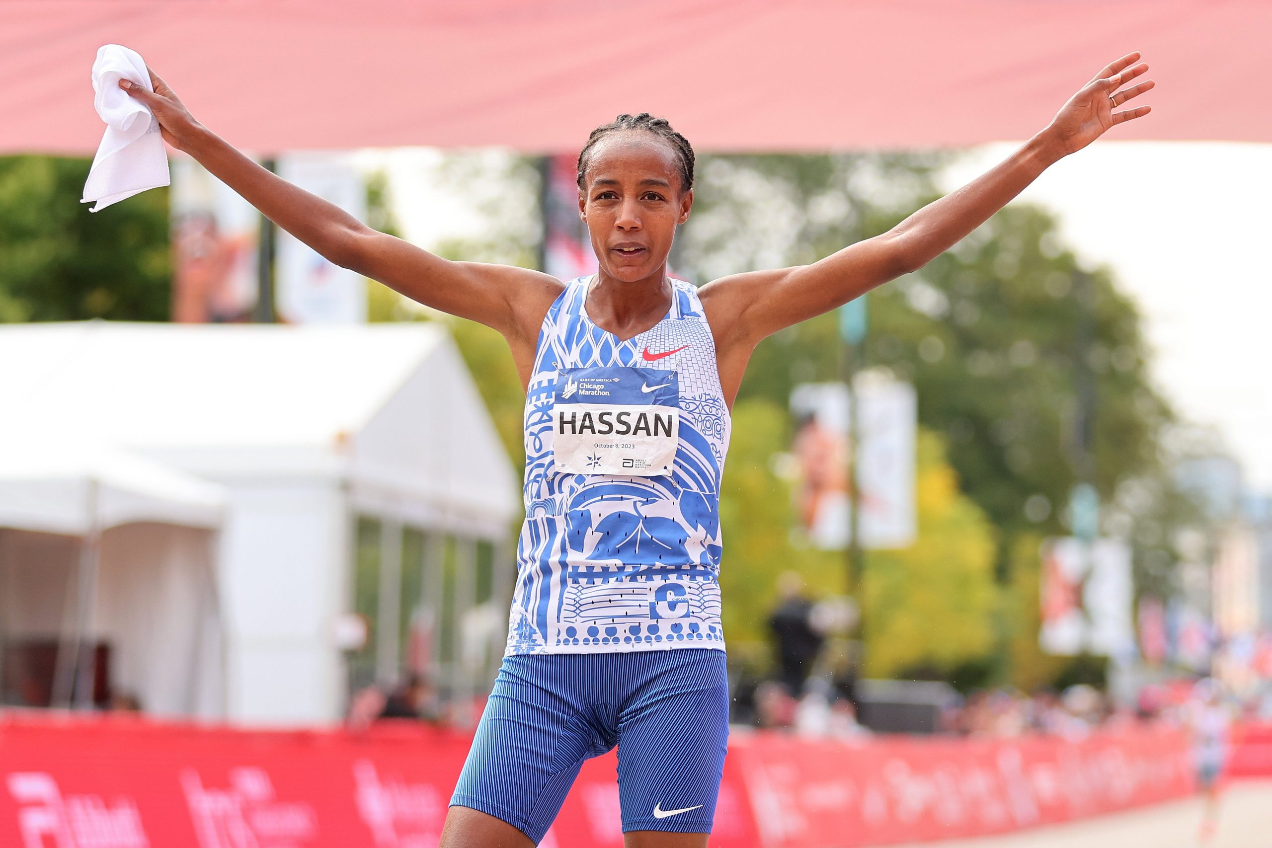 Sifan Hassan celebrates winning the Chicago marathon