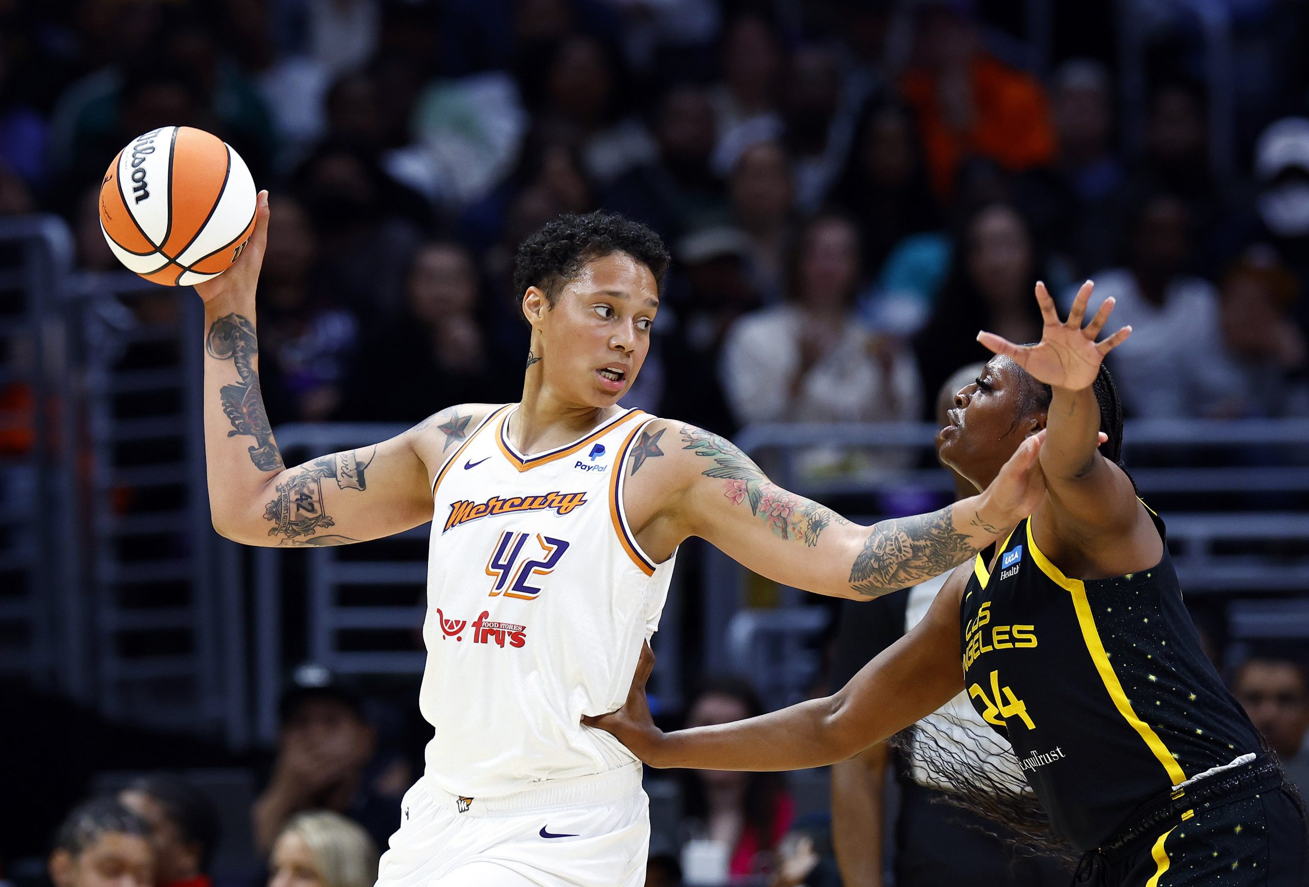 Brittney Griner of the Phoenix Mercury controls the ball