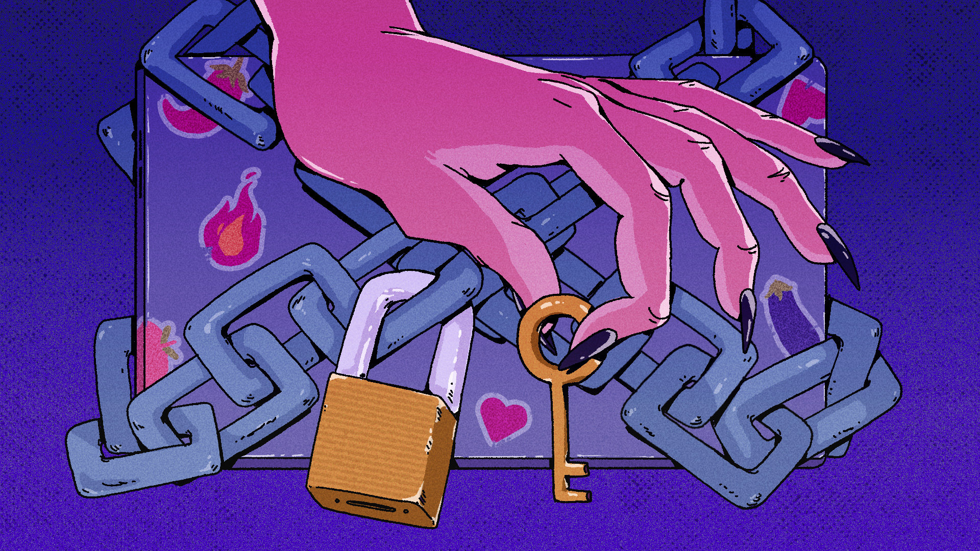 hand with black nail polish holding key in front of locks and fire and heart and eggplant emojis