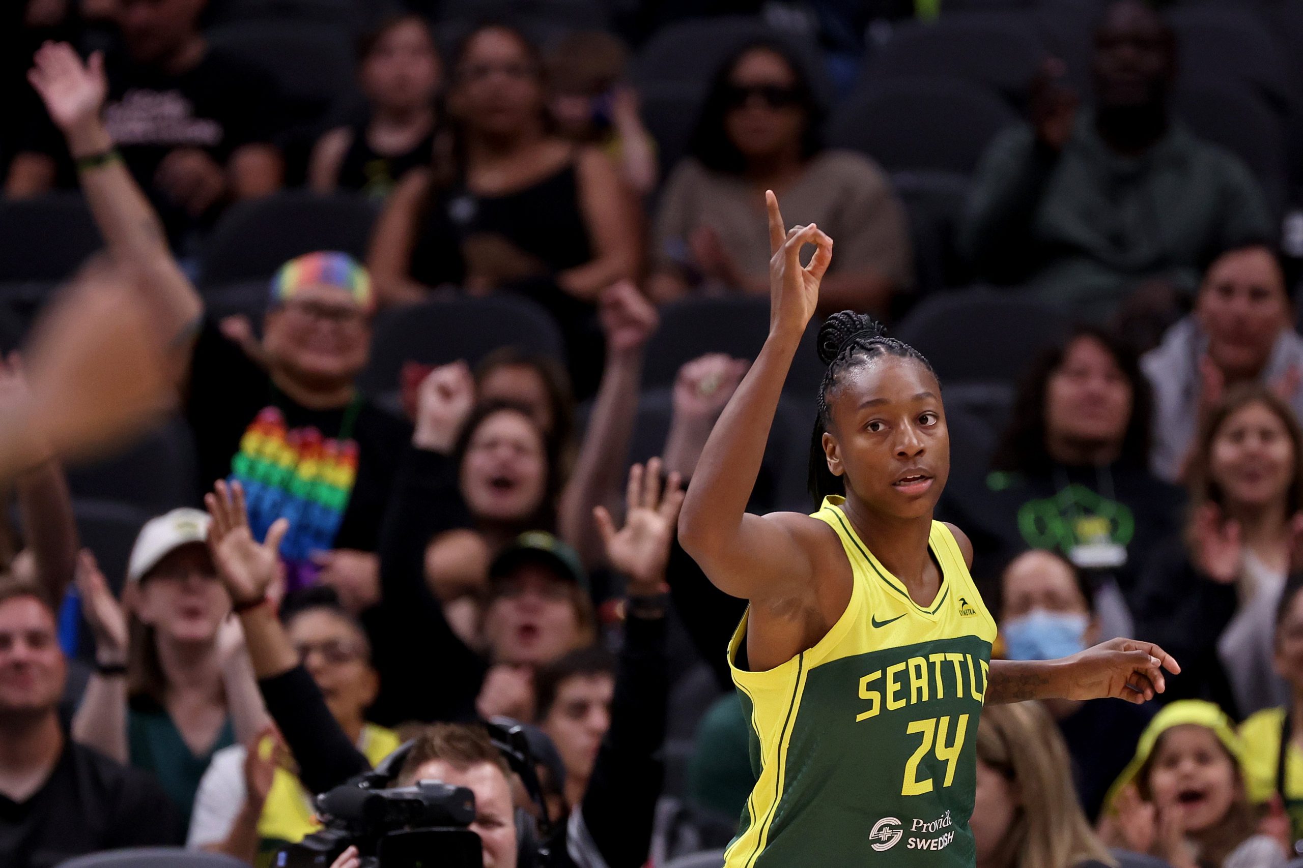 Jewell Loyd of the Seattle Storm celebrates