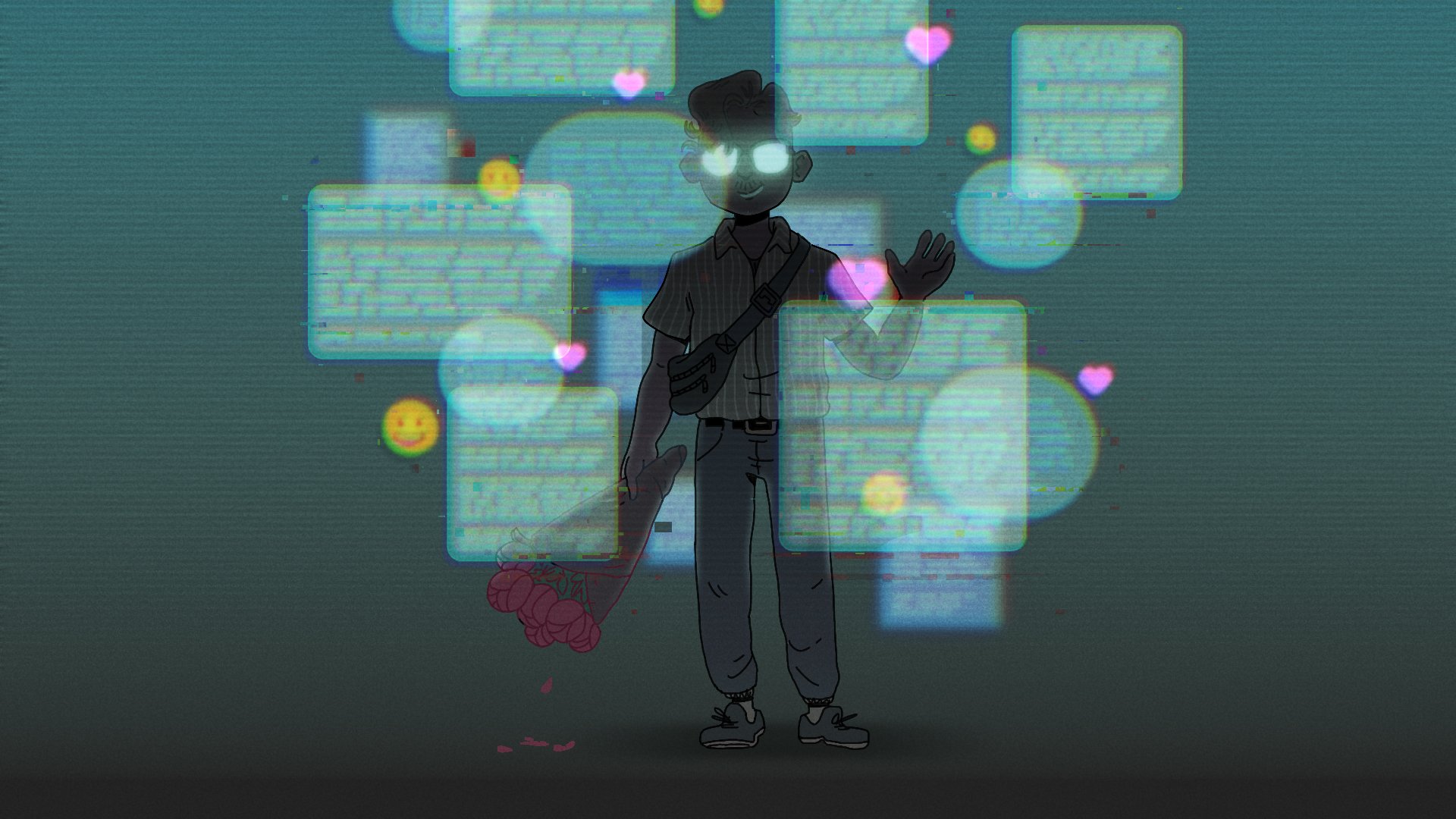 A male figure stands and waves surrounded by text bubbles. 