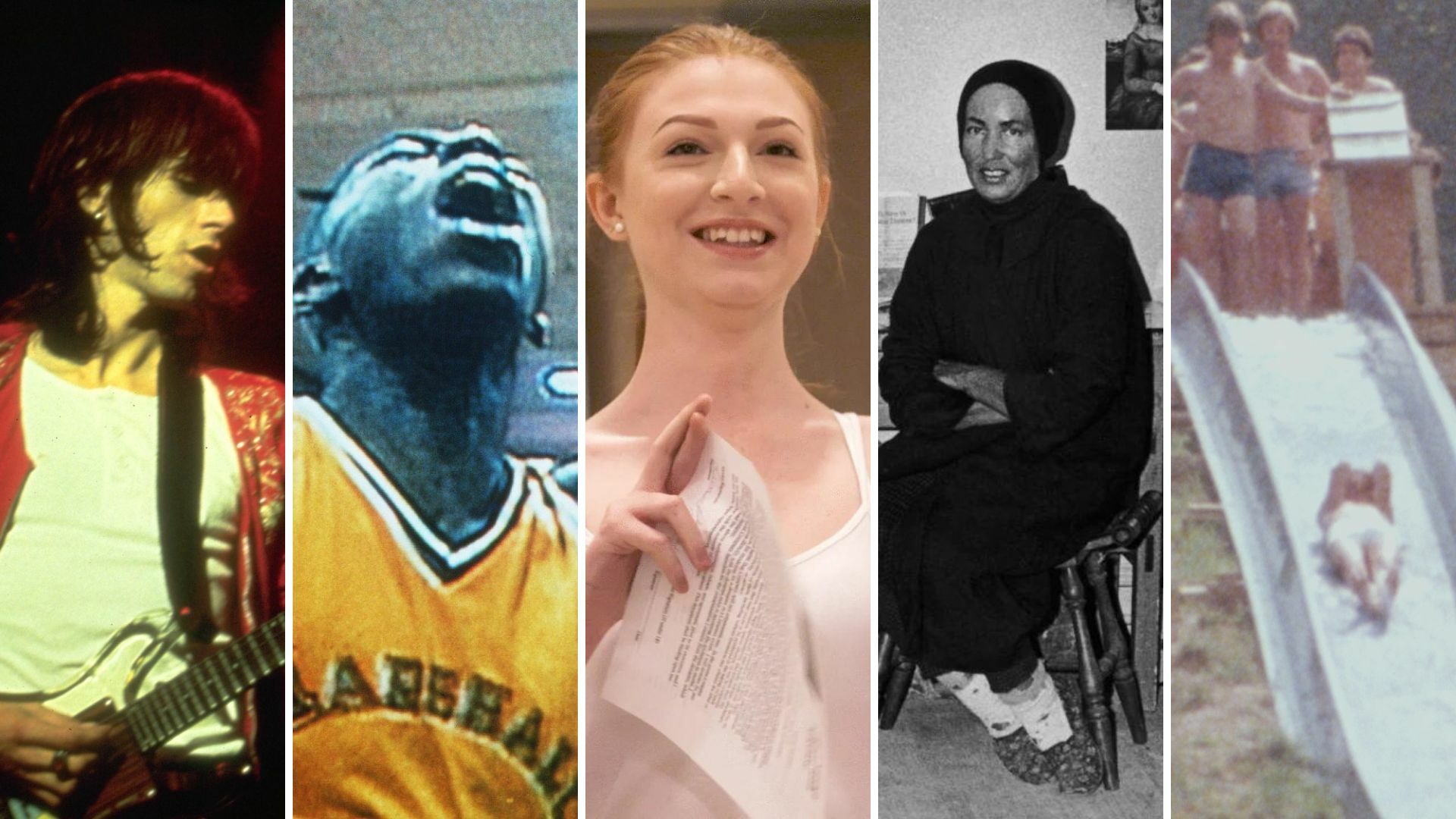 Five panels: A man playing guitar onstage, a young man in a yellow basketball jersey celebrating, a young woman crossing her fingers, a woman dressed in all black in a grey room, a person going down a water slide.