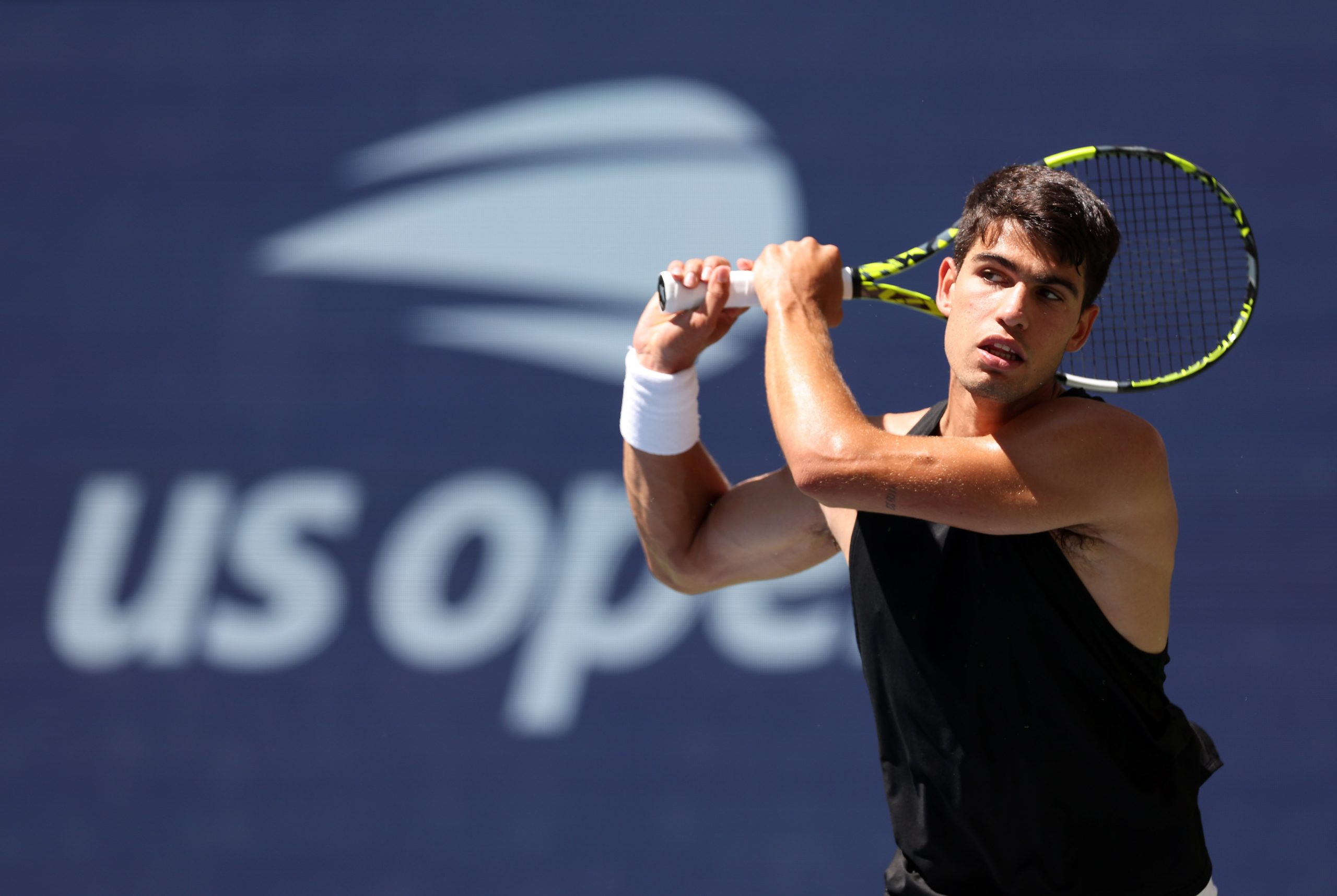 Carlos Alcaraz of Spain practices