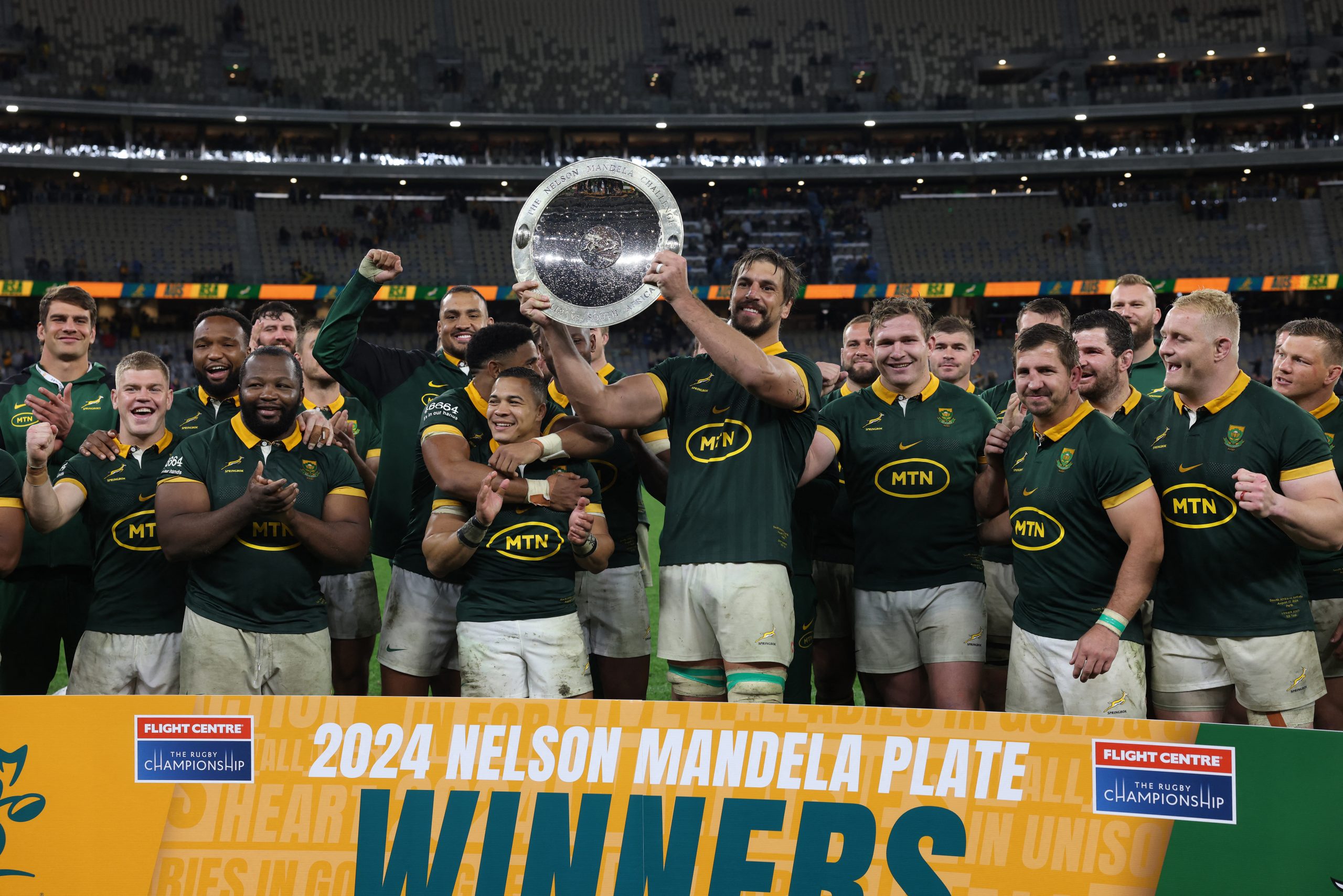 South Africa's Salmaan Moerat holds the Nelson Mandela Plate