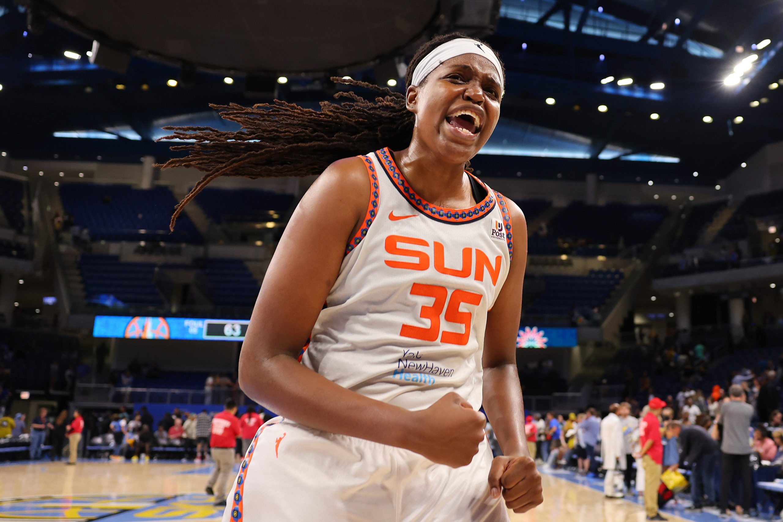 Jonquel Jones of the Connecticut Sun celebrates