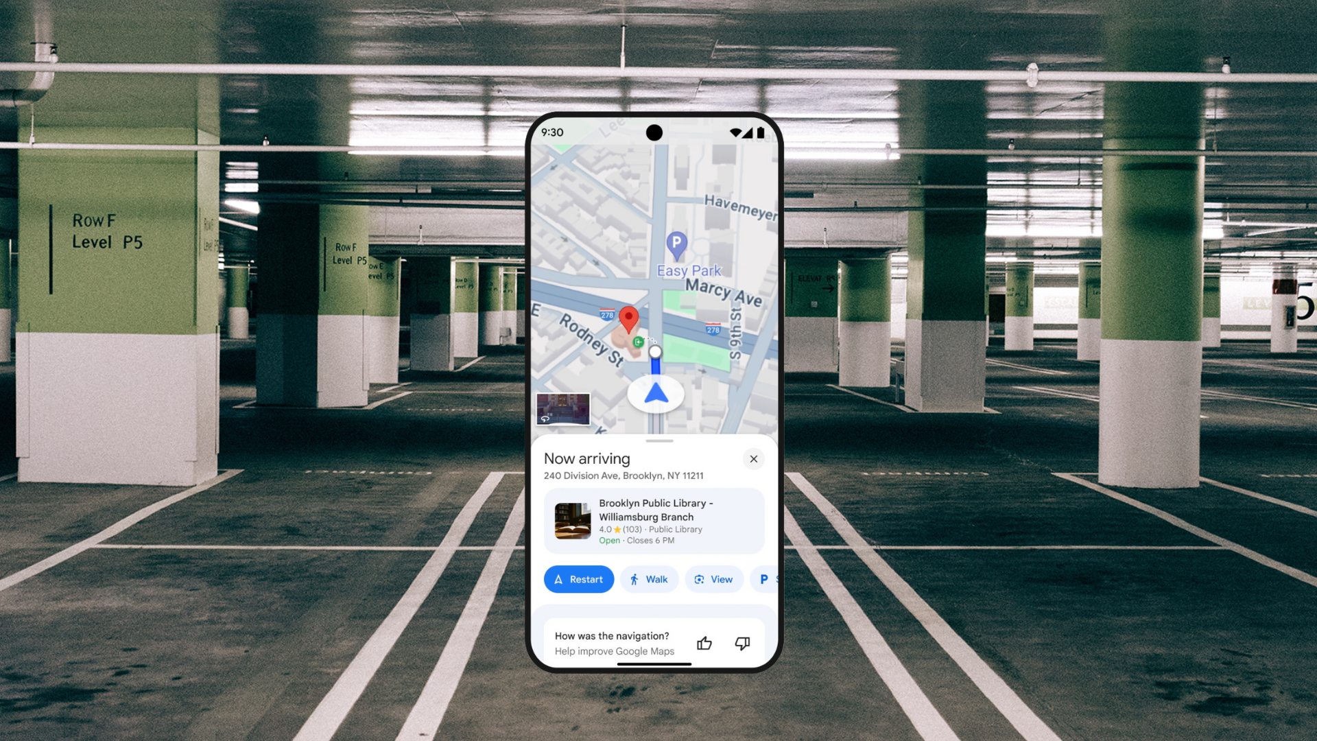 Google Maps on an iPhone on top of a parking garage image.