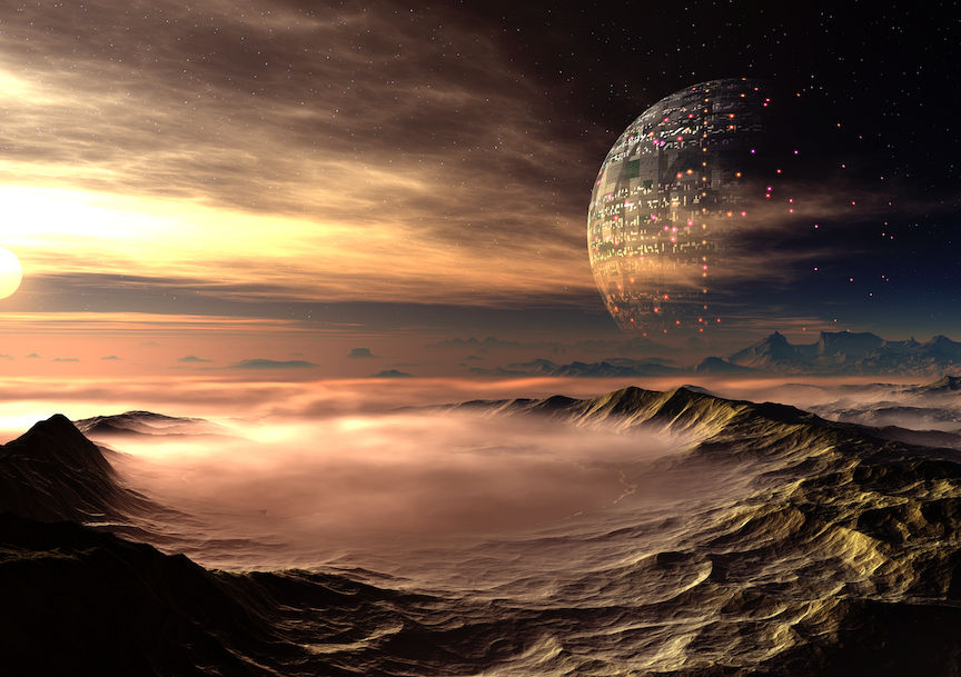 An artist's conception of an intelligent civilization on a distant exoplanet.