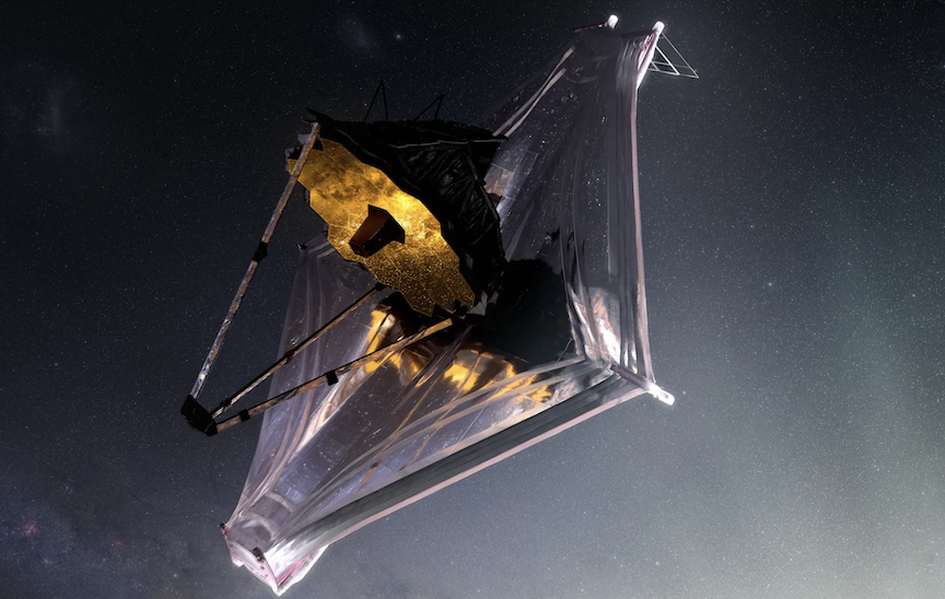 An illustration of the James Webb Space Telescope viewing the cosmos from 1 million miles beyond Earth.