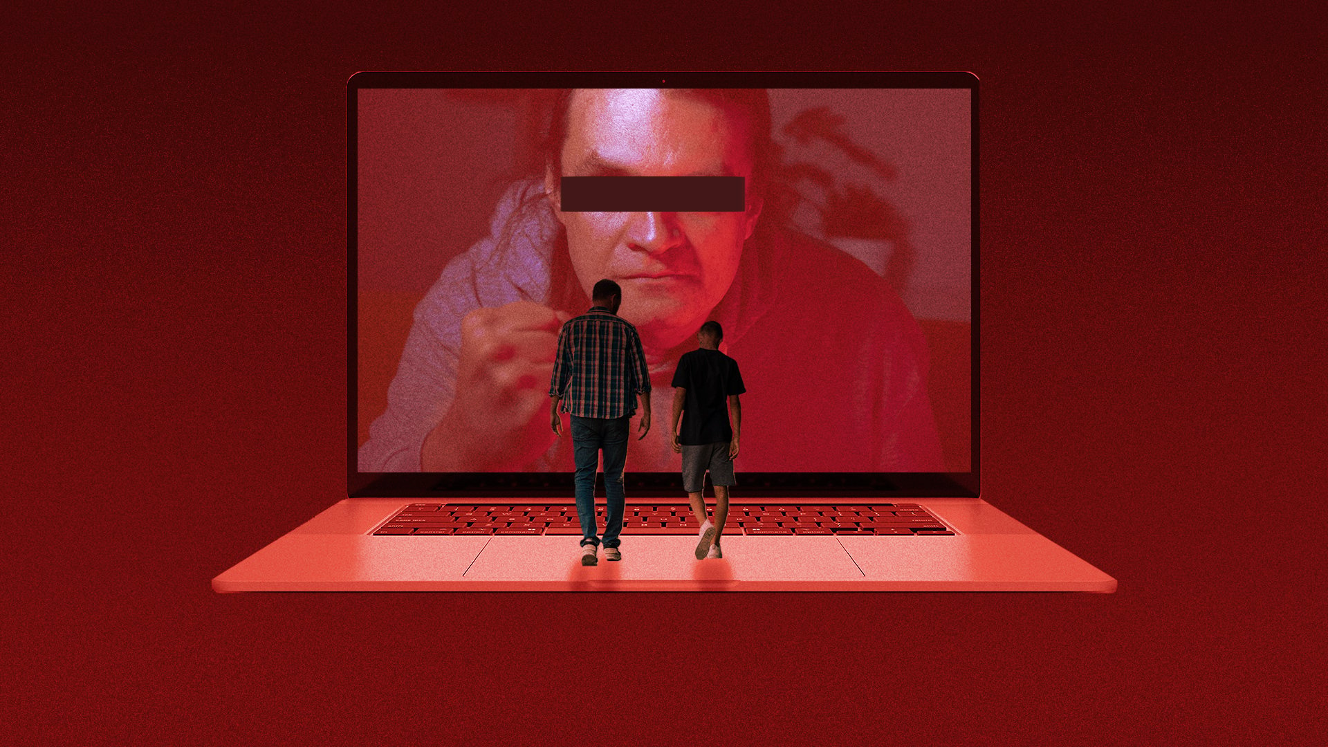 A parent and child stand together; a screen with a predator looms in the background.