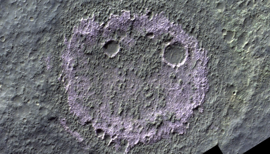 The purple areas show salt deposits left on Mars by past accumulations of briny water.