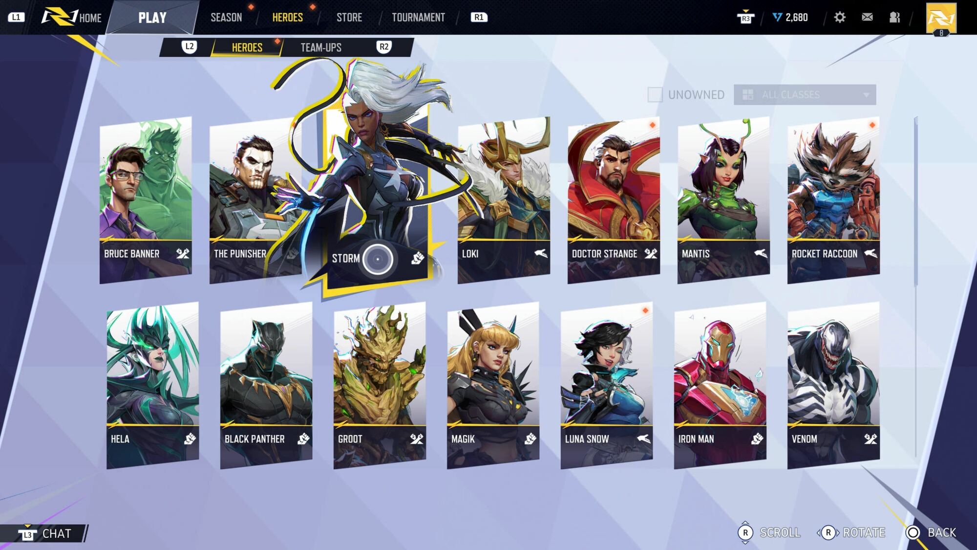 Character selection screen displaying various heroes including Bruce Banner, Storm, Loki, and Iron Man.