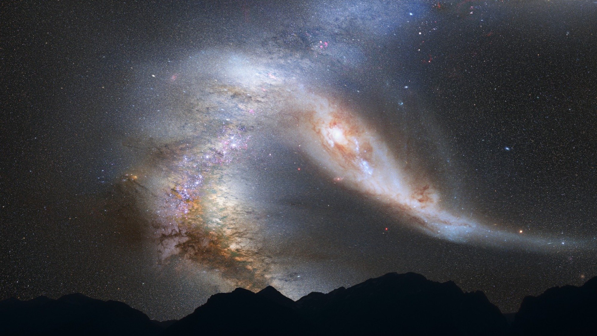 In a hypothetical view from Earth, the warped Milky Way and Andromeda (on right) after their initial collision.