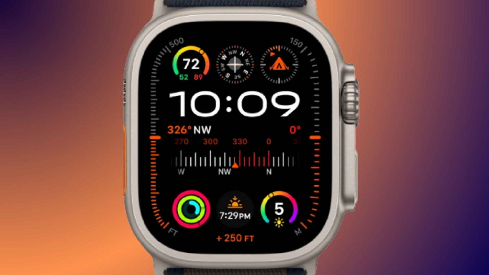 Apple Watch Ultra model on a gradient orange and purple background