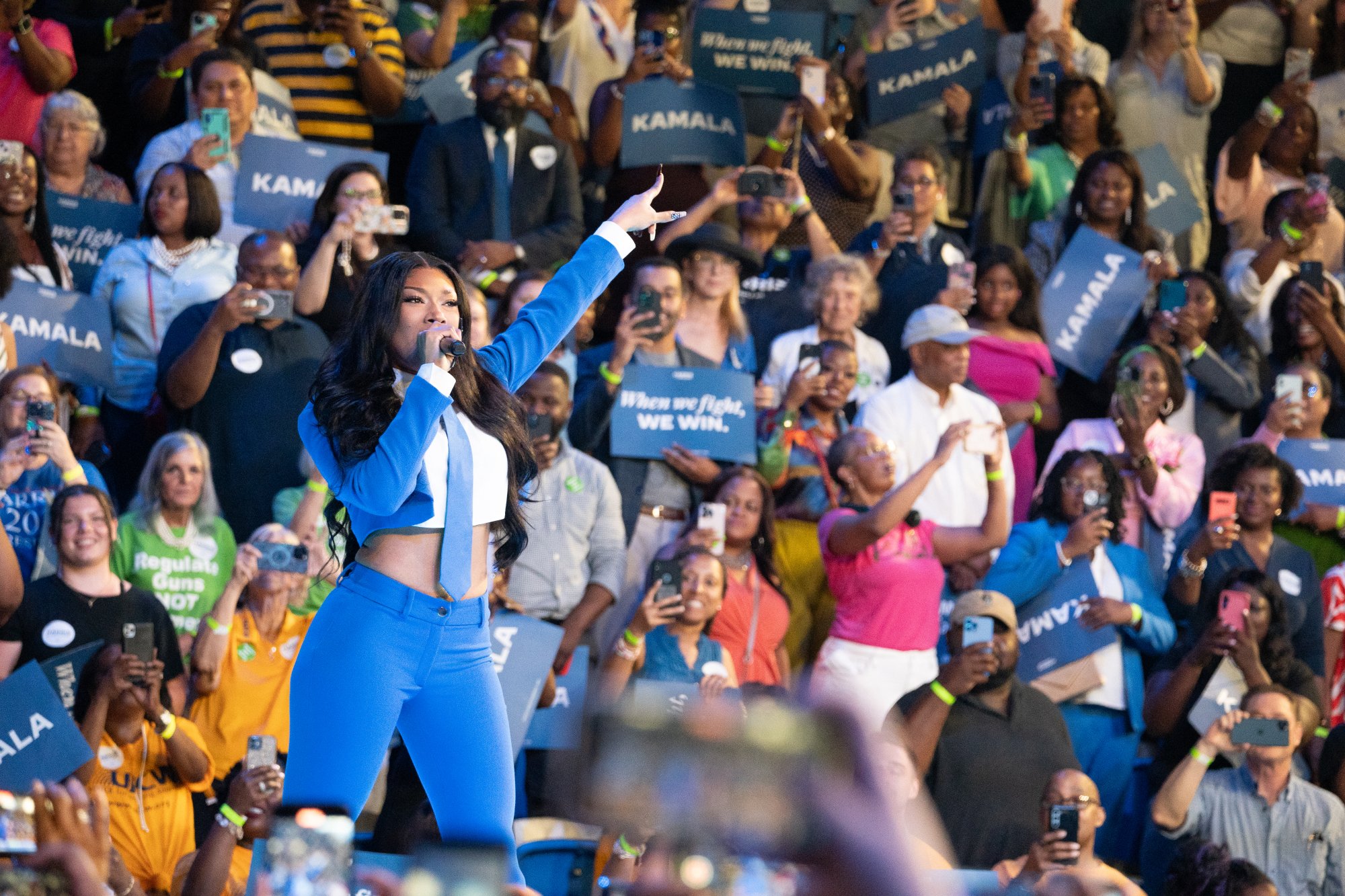 Megan Thee Stallion performs at a campaign event for Democratic presidential candidate, U.S. Vice President Kamala Harris at a campaign rally at the Georgia State Convocation Center on July 30, 2024 in Atlanta, Georgia.