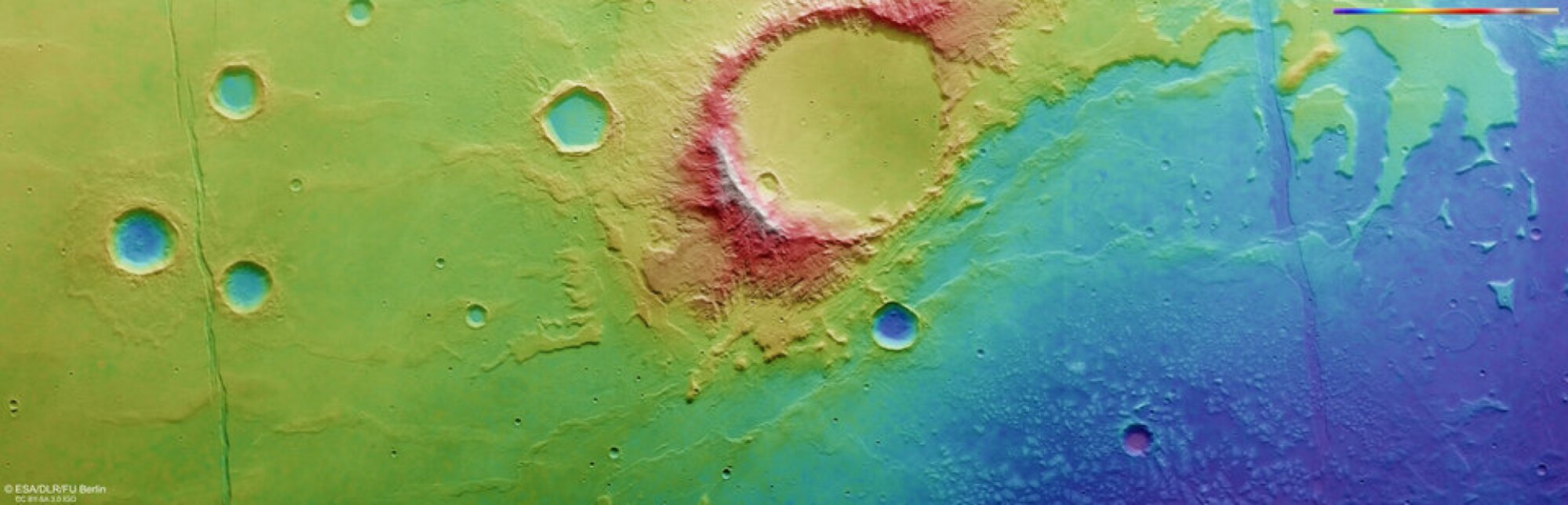 A topographic view showing remnants of a once sprawling Martian lake (blue area on the right).