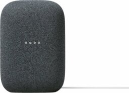 a black google nest audio smart speaker on a white background