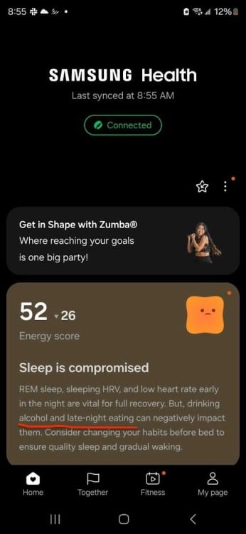 Samsung Health app Energy Score 52