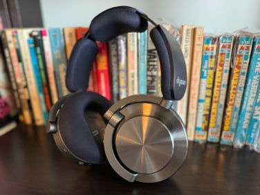 dyson ontrac headphones on a bookshelf