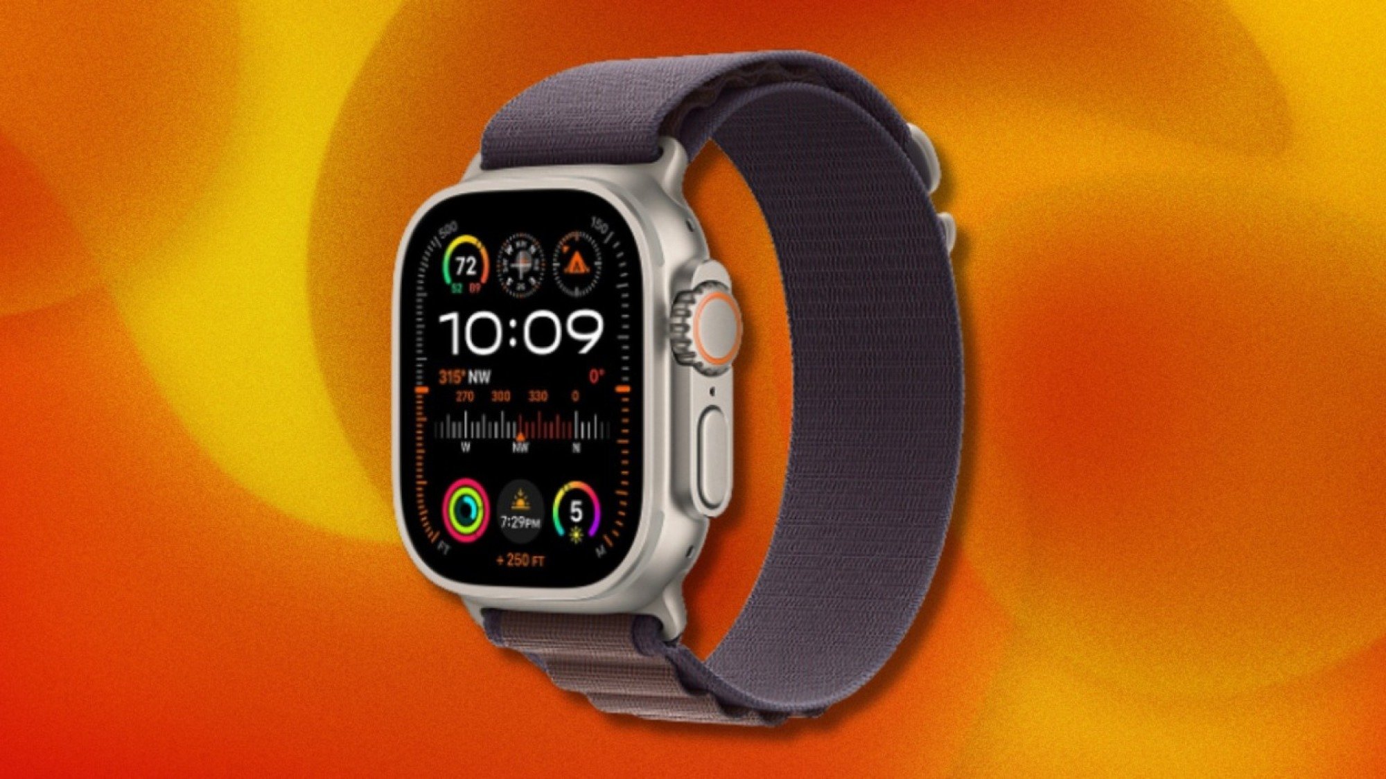 Apple Watch Ultra model with orange and yellow background