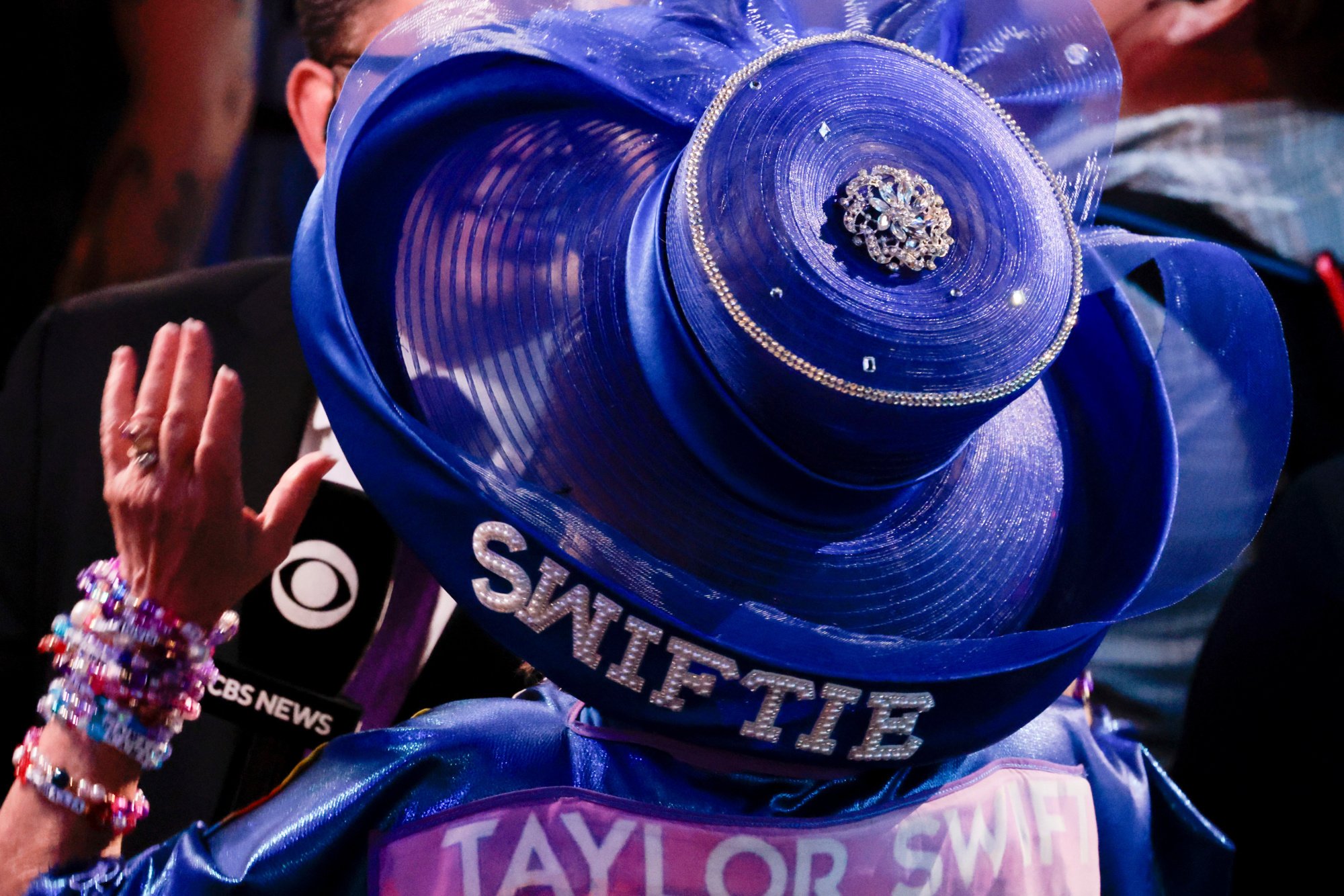 A delegate wears a "Swiftie" hat during the Democratic National Convention (DNC) at the United Center in Chicago, Illinois, US, on Monday, Aug. 19, 2024. 