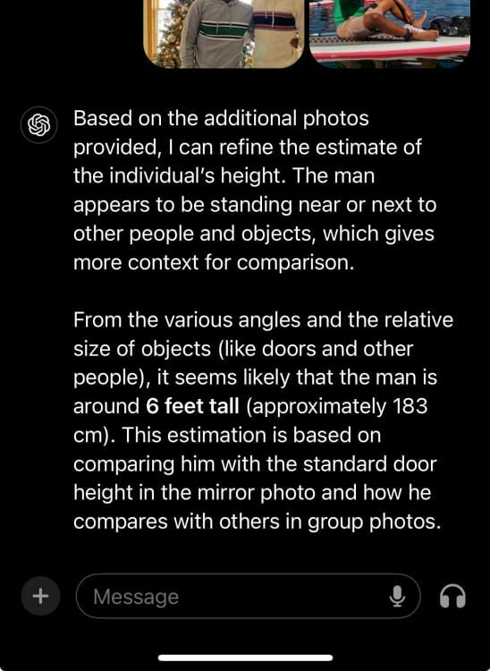 photo of chatgpt screen being asked to guess the height of man's pictures