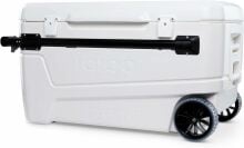 a white igloo cooler with a black handle and wheels