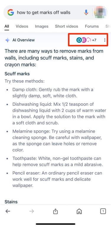 AI overview on mobile with the website icons circled in red on the upper right