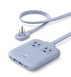 A powder blue Anker desktop charger.