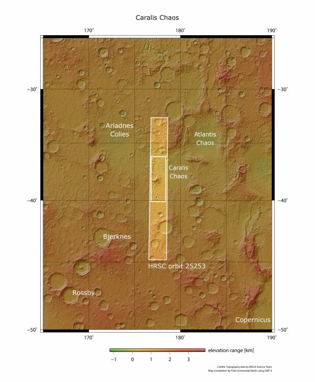 A map showing the area once filled by Mars' Lake Eridania.