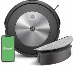 Roomba robot vacuum with water tank and smartphone with green iRobot logo screen