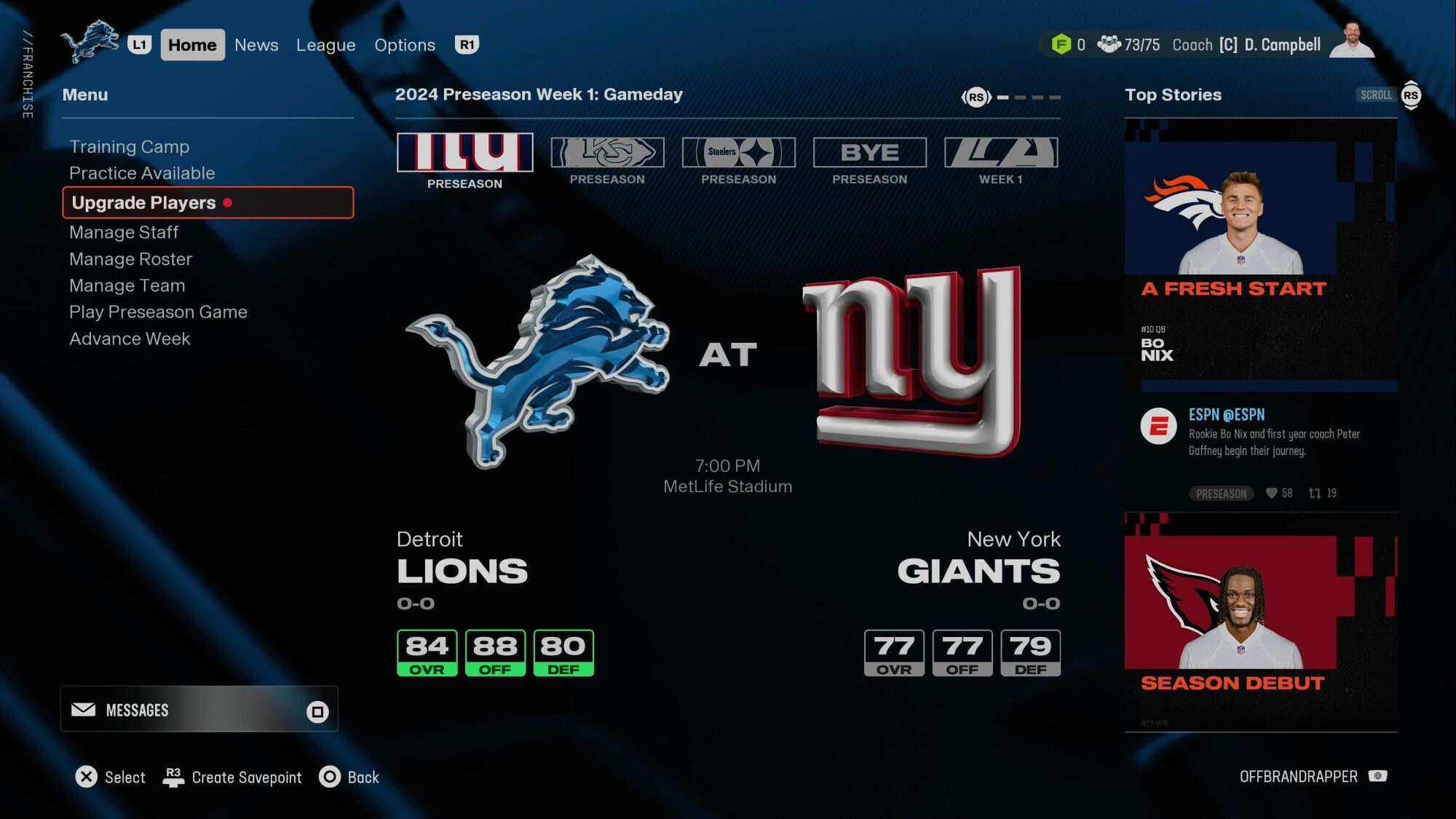 The image shows a video game menu for a 2024 Preseason Week 1 matchup between the Detroit Lions and New York Giants. The Lions have an overall rating of 84, while the Giants are rated 77. Options like Training Camp and Upgrade Players are listed on the left, with "Top Stories" featuring Bo Nix of the Broncos and a Cardinals player on the right. The game is set at MetLife Stadium at 7:00 PM.