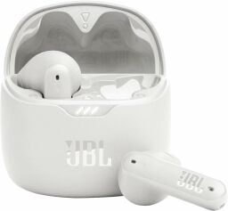 white JBL Tune Flex earbuds in case