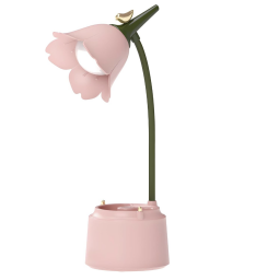 Lamp in the shape of a flower, with a green stem and pink leaves and base.