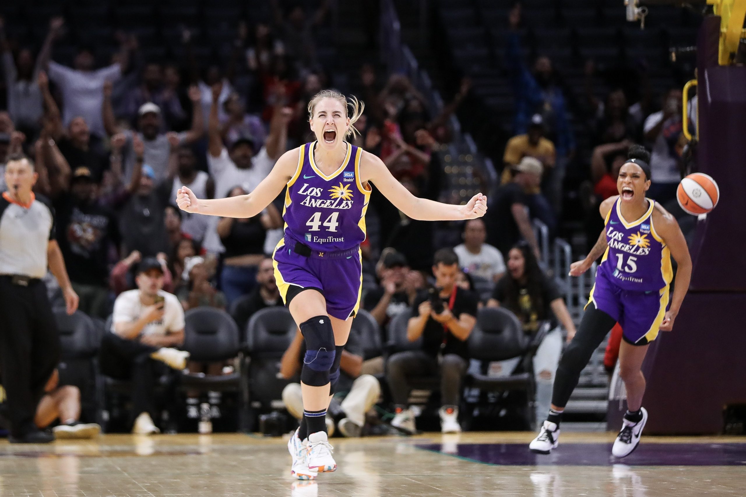 Karlie Samuelson of the Los Angeles Sparks celebrates a basket