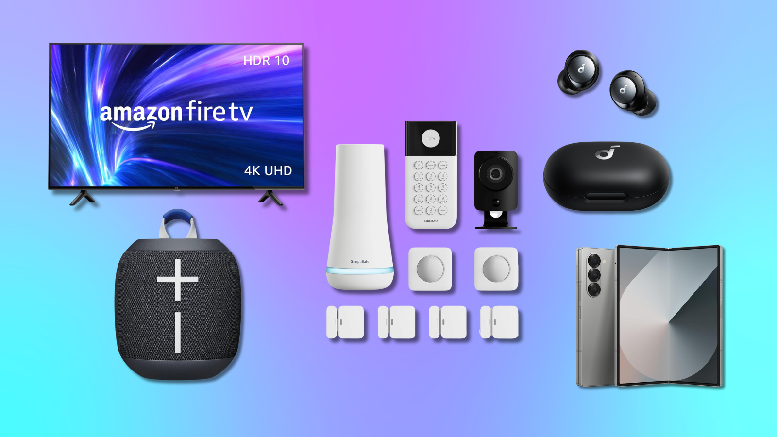 Amazon Fire TV, UE Wonderboom speaker, SimpliSafe security system, Soundcore earbuds, and Samsung Galaxy Fold 6 with purple and blue background