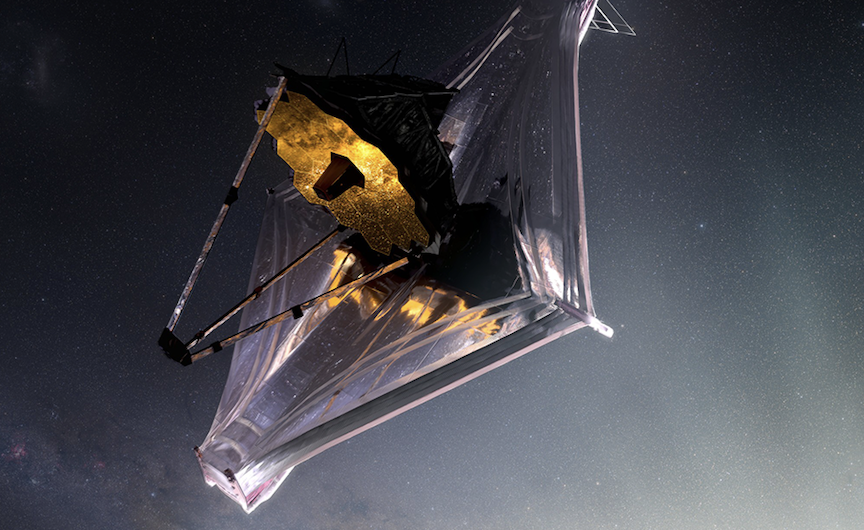 An artist's conception of the James Webb Space Telescope observing the cosmos 1 million miles from Earth.