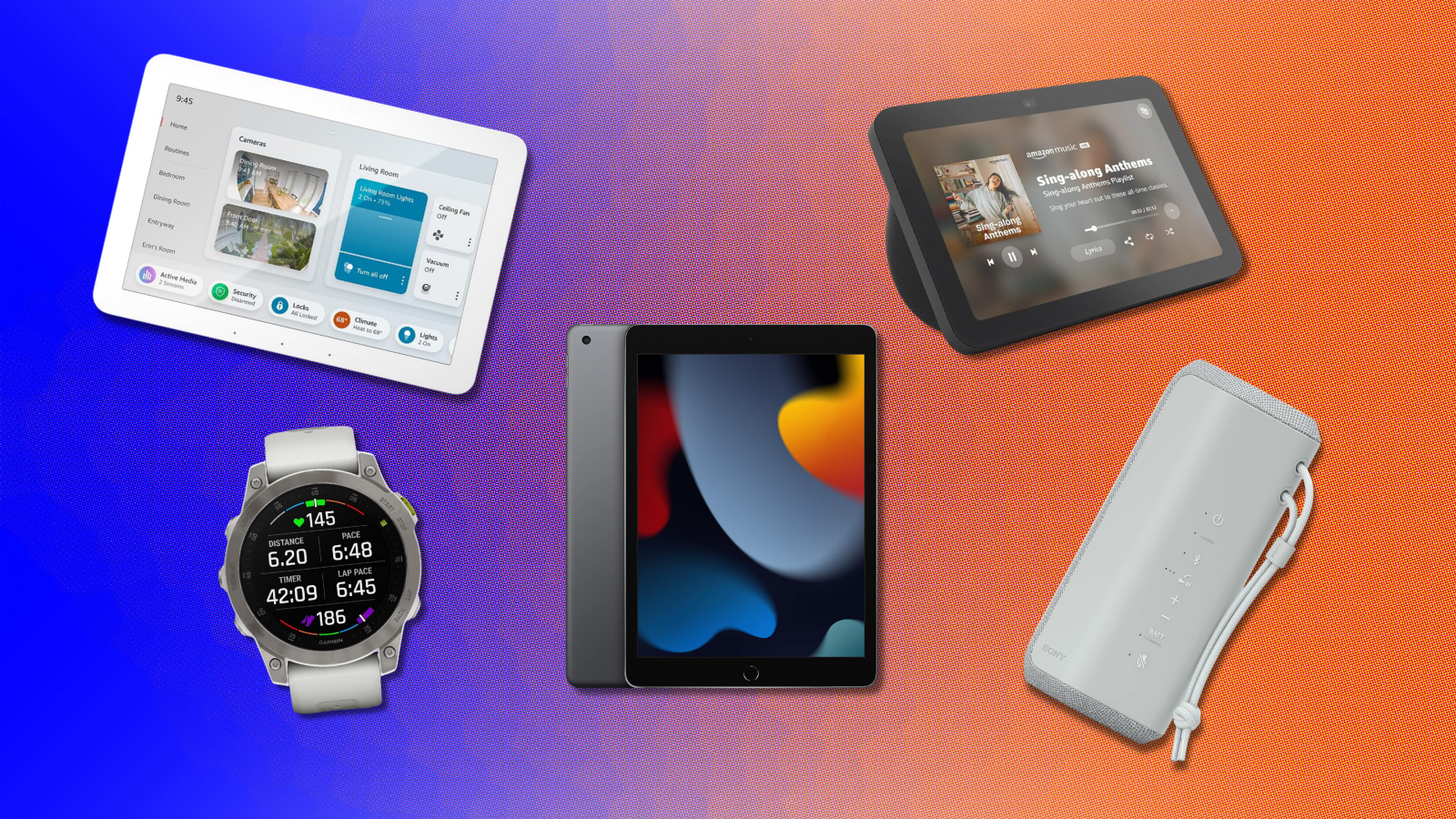 Amazon Echo Hub, Garmin epix watch, Apple iPad, Sony speaker, and Echo Show 8 with blue and orange background