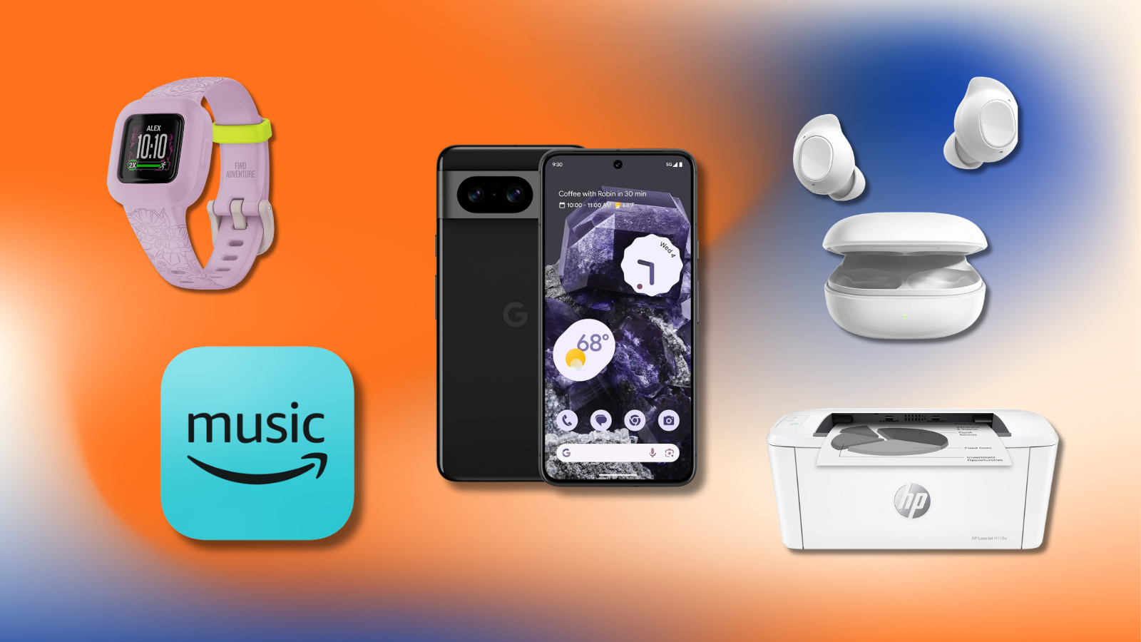 Amazon Music logo, Garmin vivofit jr. watch, Google Pixel 8, HP printer, and Samsung Galaxy Buds FE with colorful background