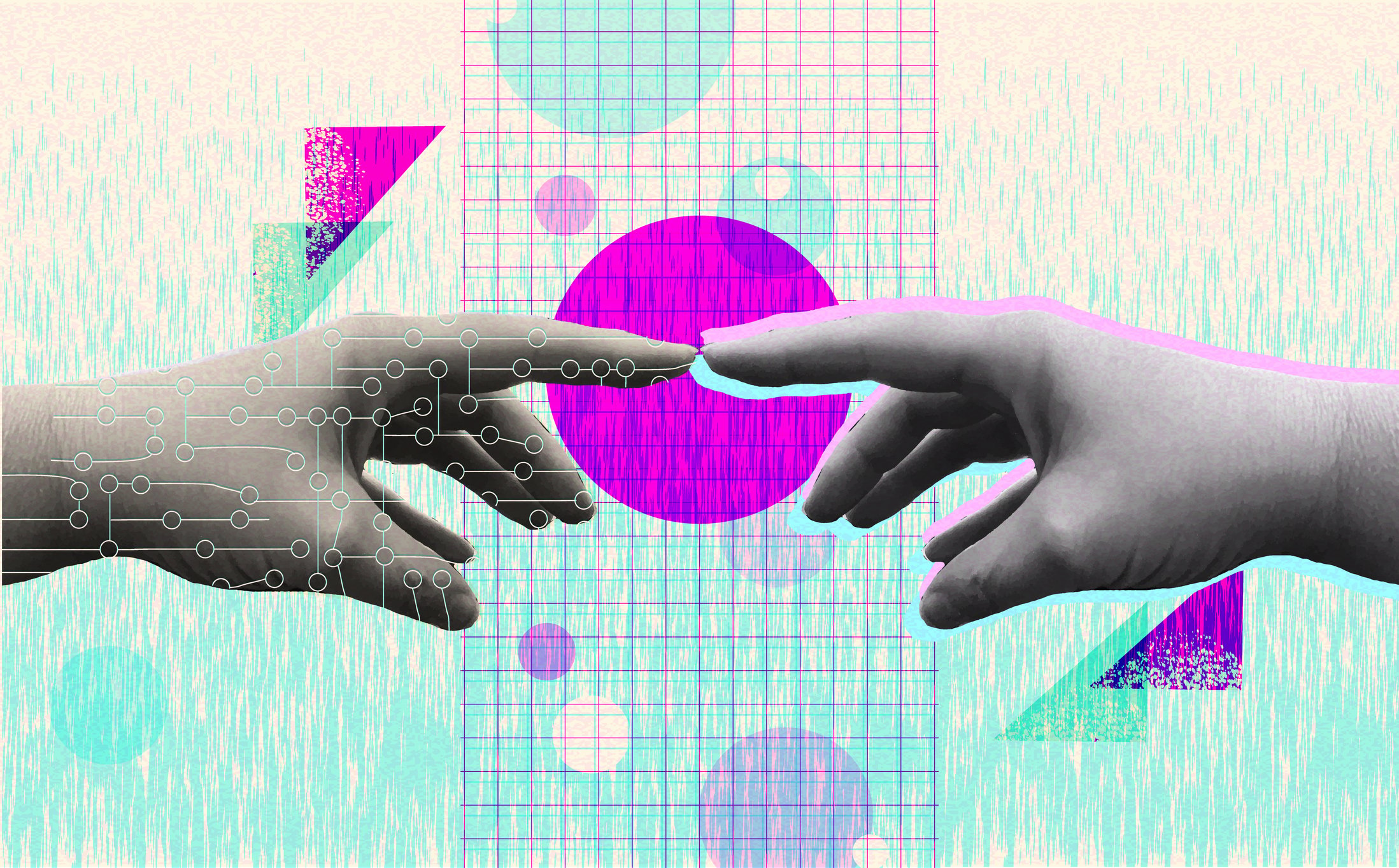 retro collage style with human hand and artificial hand touching