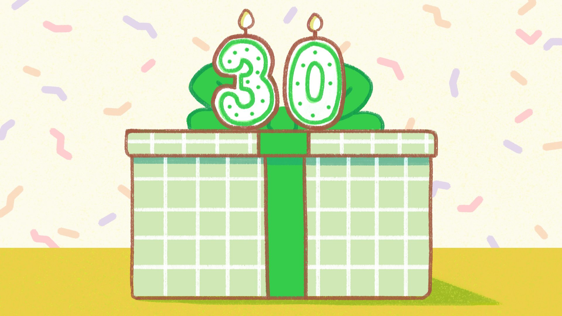 illustration of a gift-shaped birthday cake with a candle in the shape of the number 30