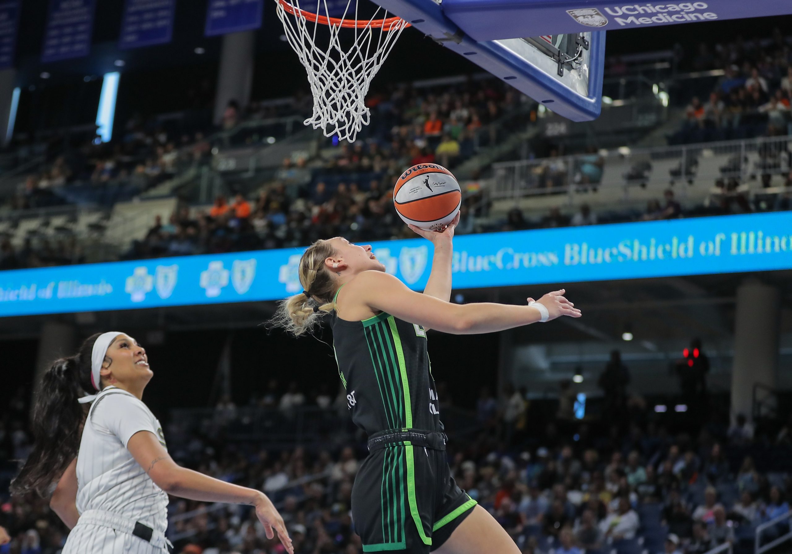 Alanna Smith of the Minnesota Lynx drives to the basket 