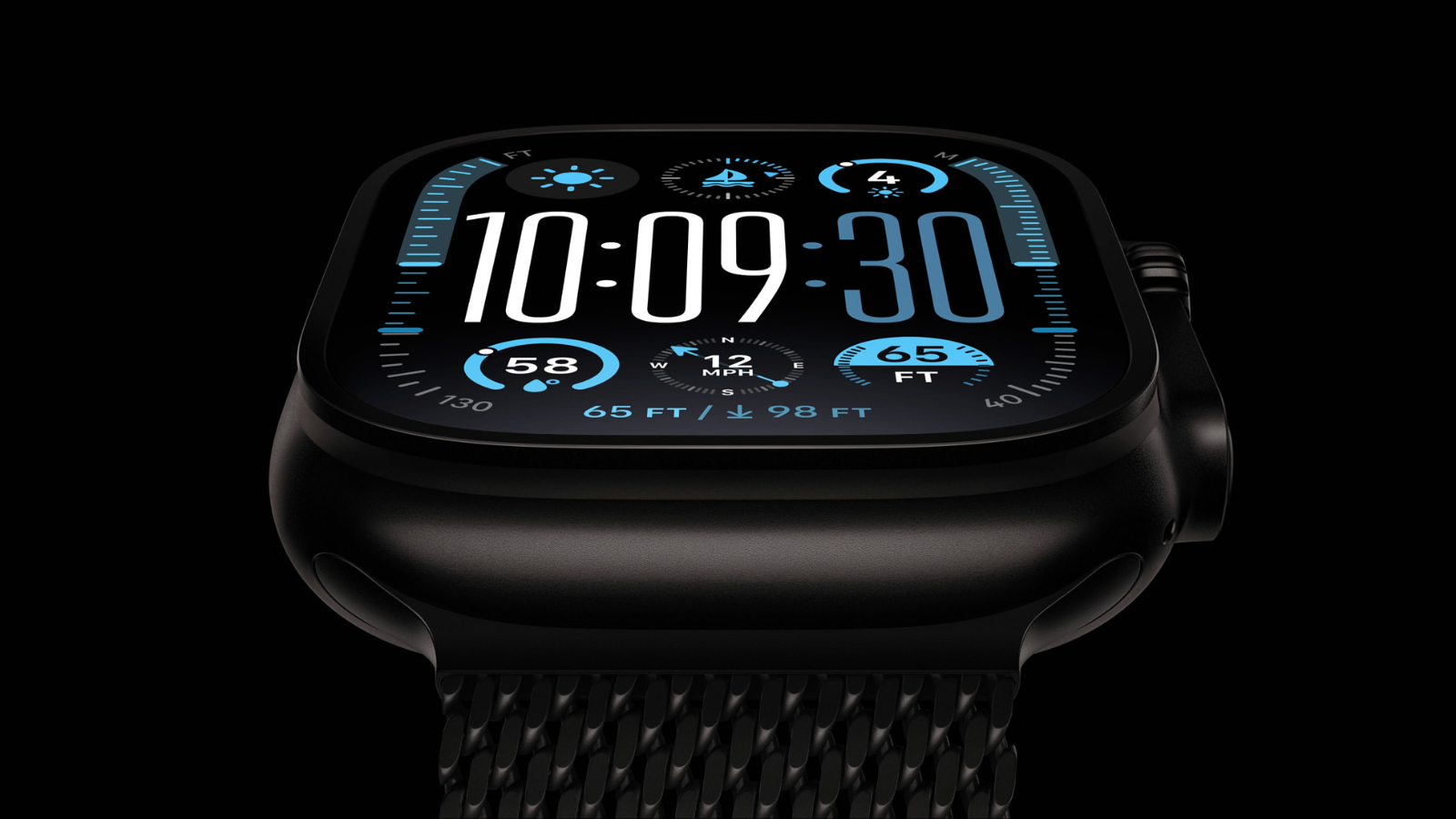 a close-up of the black titanium apple watch ultra series 2 against a black background