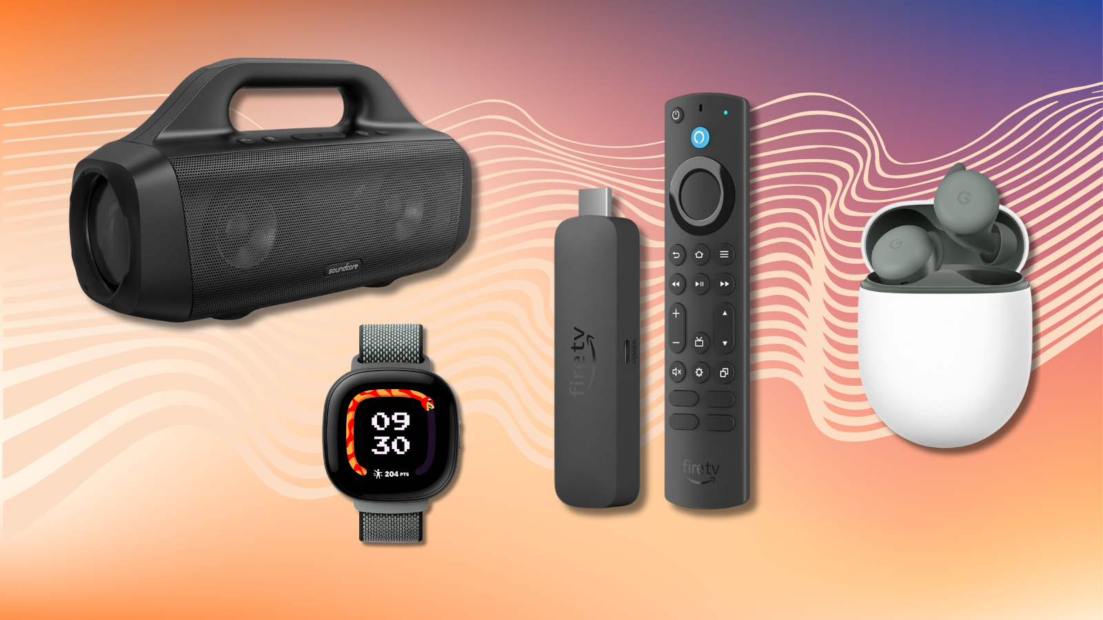 Anker Soundcore speaker, Fitbit Ace Google watch, Fire TV stick, and Google Pixel Buds A with colorful background