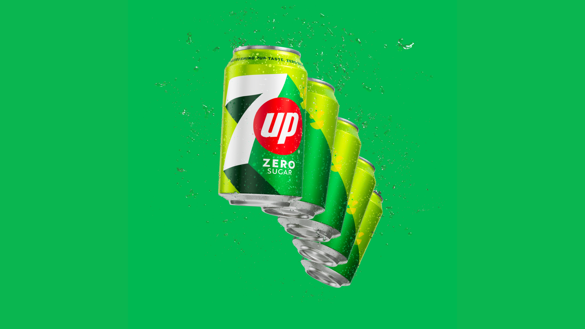 Five cans of 7UP in a, arc on a green background.