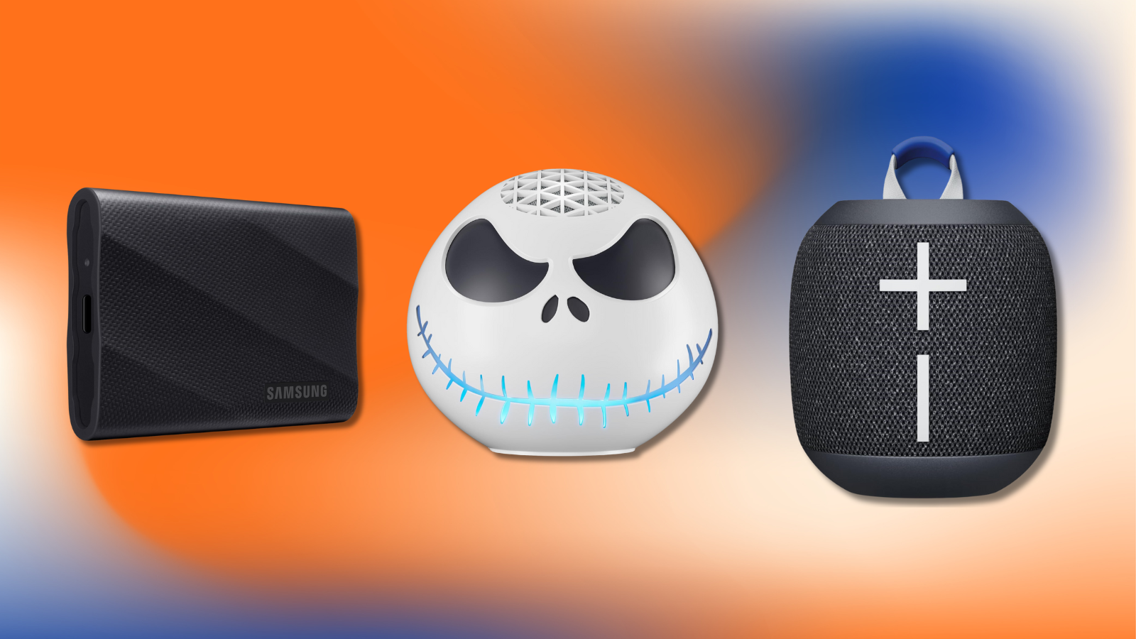 Samsung T9 SSD, Jack Skellington Echo Dot, and UE Wonderboom 4 speaker with orange and blue background