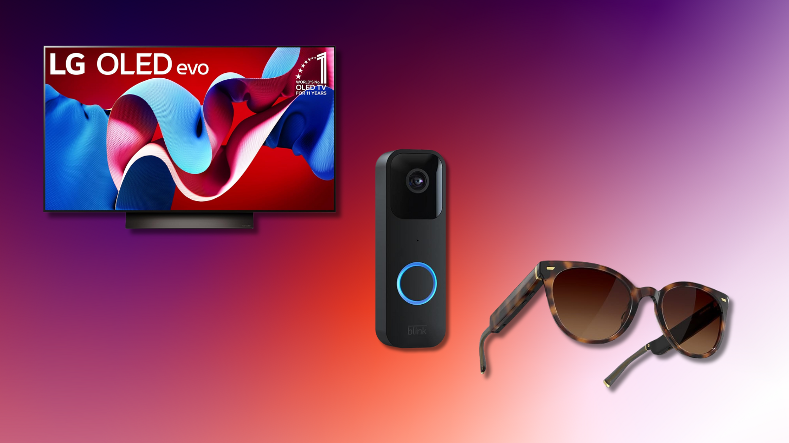 LG OLED evo TV, Blink video doorbell, and Echo Frames with purple and red gradient background