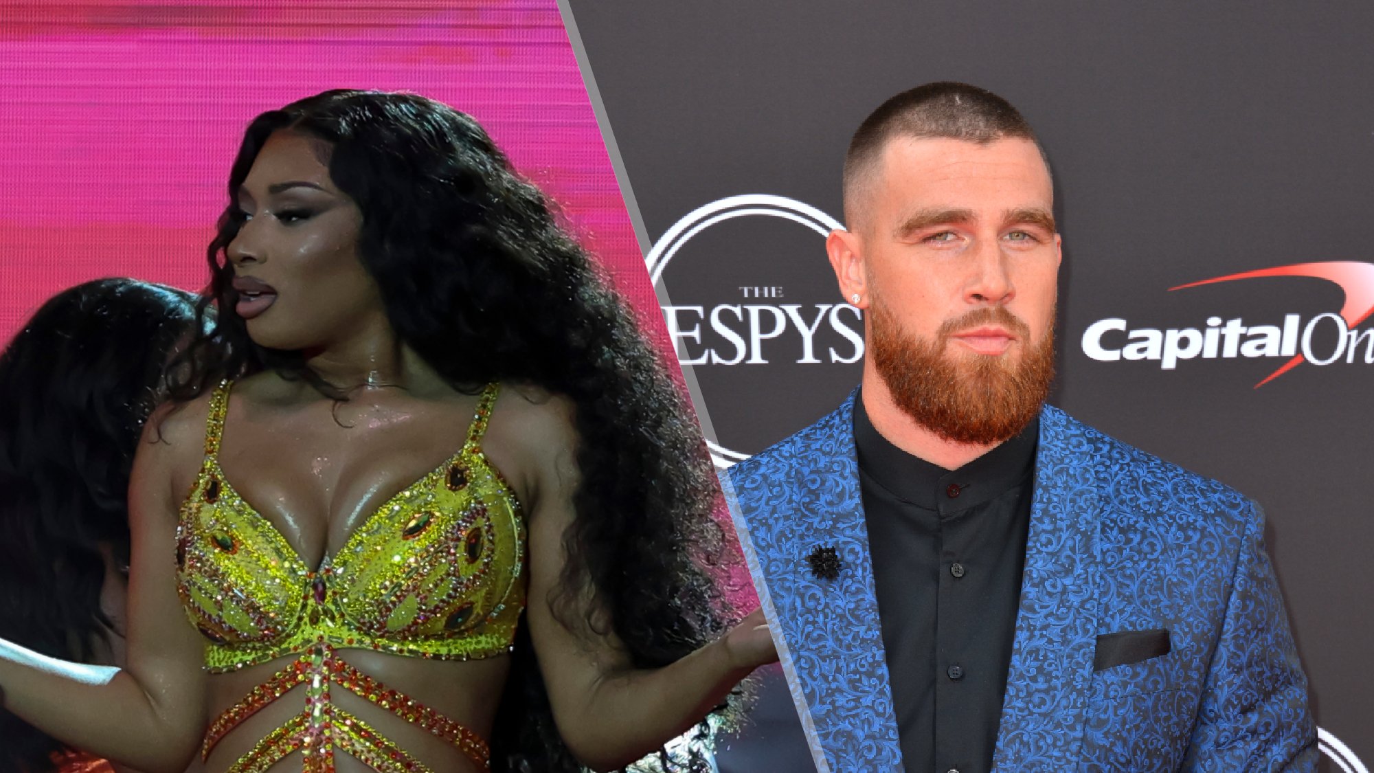 Split image of Megan Thee Stallion and Travis Kelce